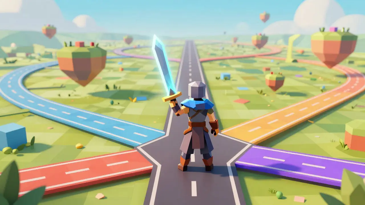 Low poly gamer character with a glowing sword on a seamless path merging multiple digital networks