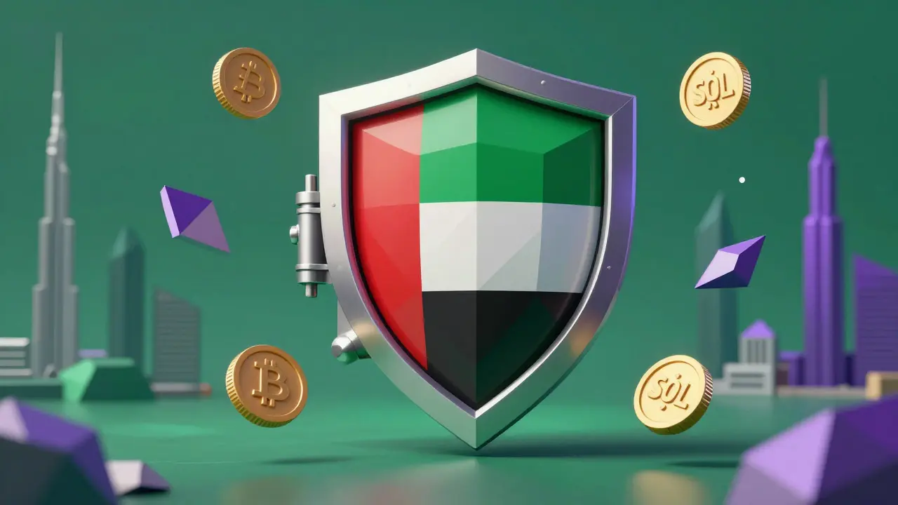 Low poly geometric shield protecting digital assets with Dubai backdrop