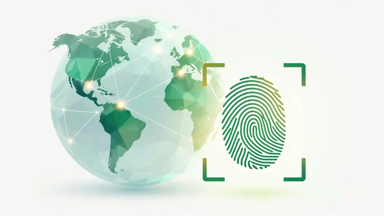 Low poly global network with biometric identity markers representing a digital trust layer