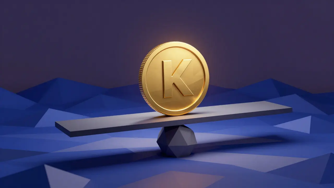 Low poly gold KONG coin on a fragile crystalline scale symbolizing market volatility.