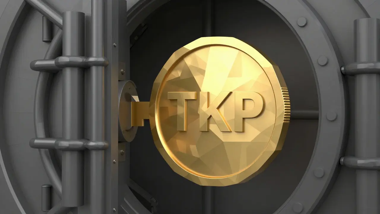 Low poly gold TKP token acting as a key to open a geometric digital vault