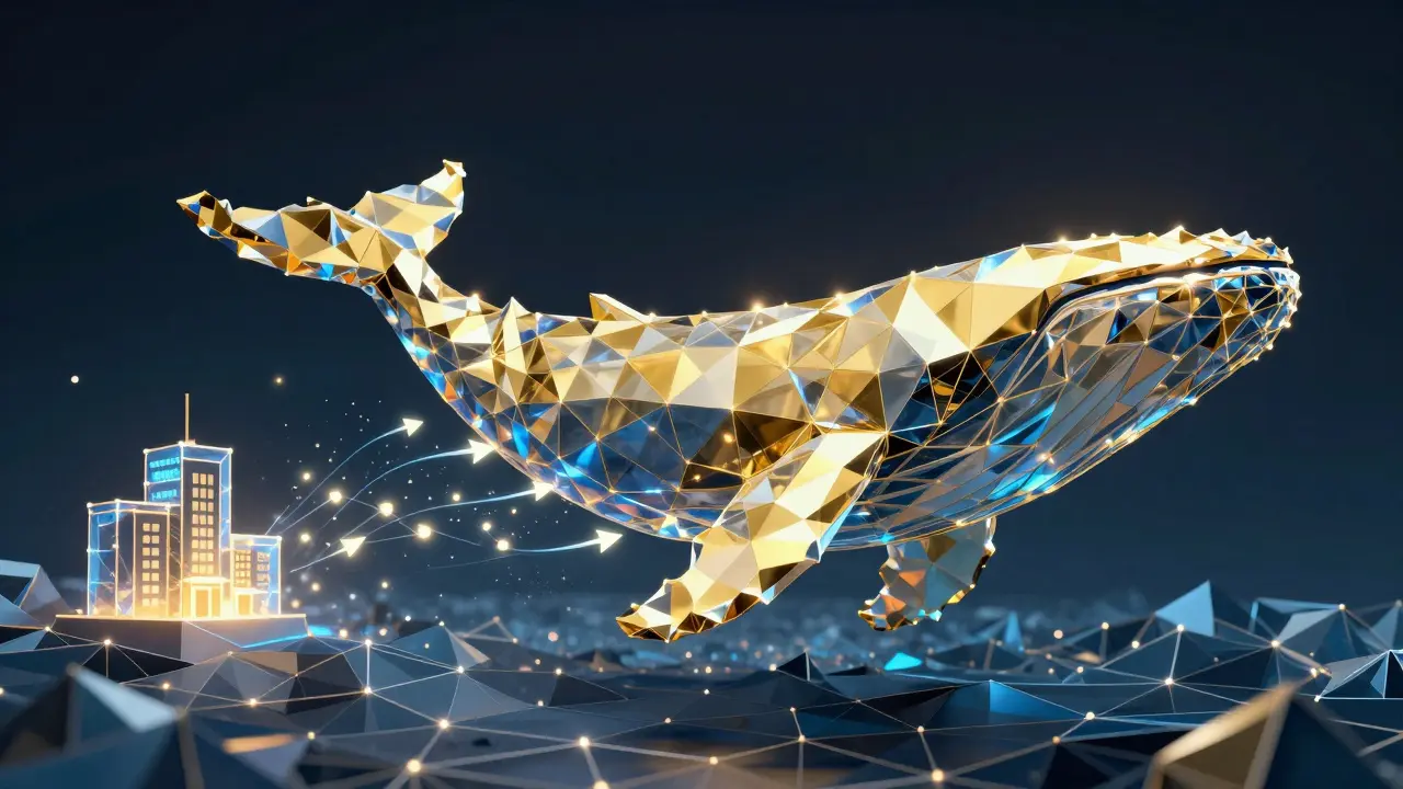 Low poly golden whale gliding through a network of digital nodes and data flows.
