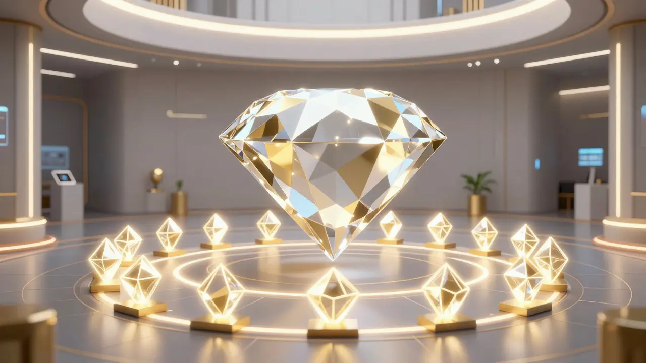 Low poly holographic chamber with a diamond NFT surrounded by a protective ring of 31 nodes