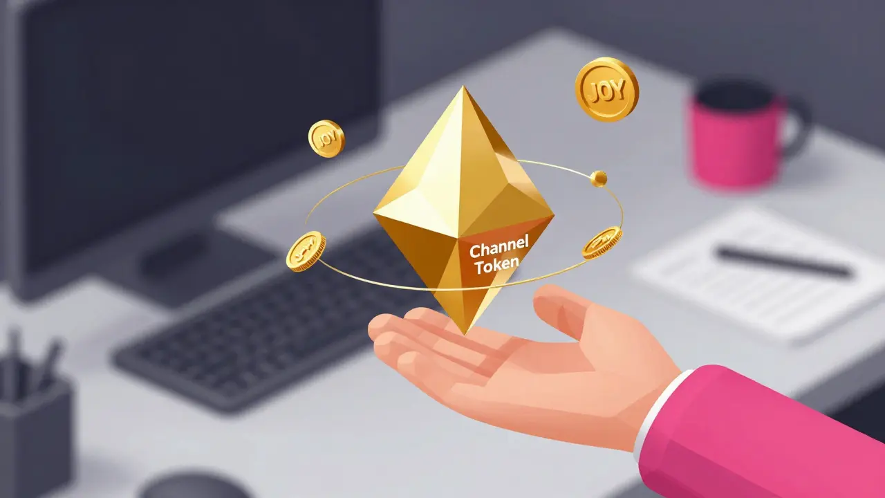 Low poly illustration of a floating channel token and JOY coins being exchanged.