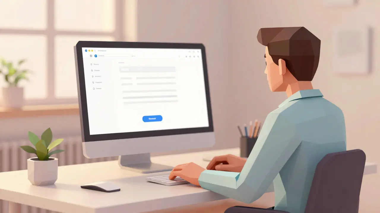 Low poly illustration of a person using a simple computer interface in a calm environment.