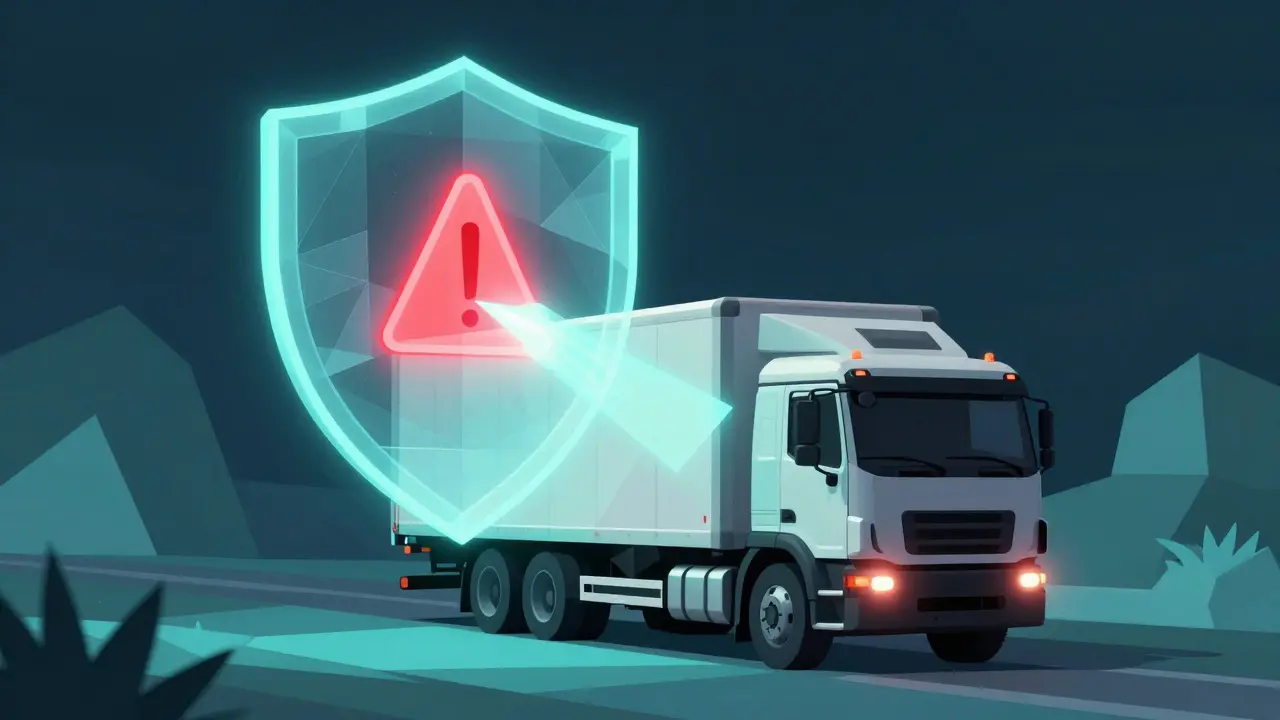 Low poly illustration of a refrigerated truck with an IoT sensor and a red smart contract alert.