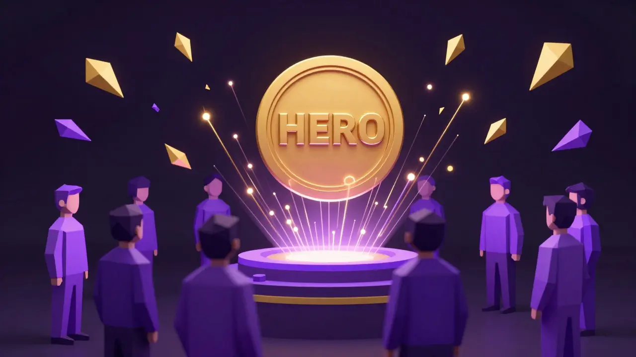 Low poly illustration of HERO tokens being distributed to users