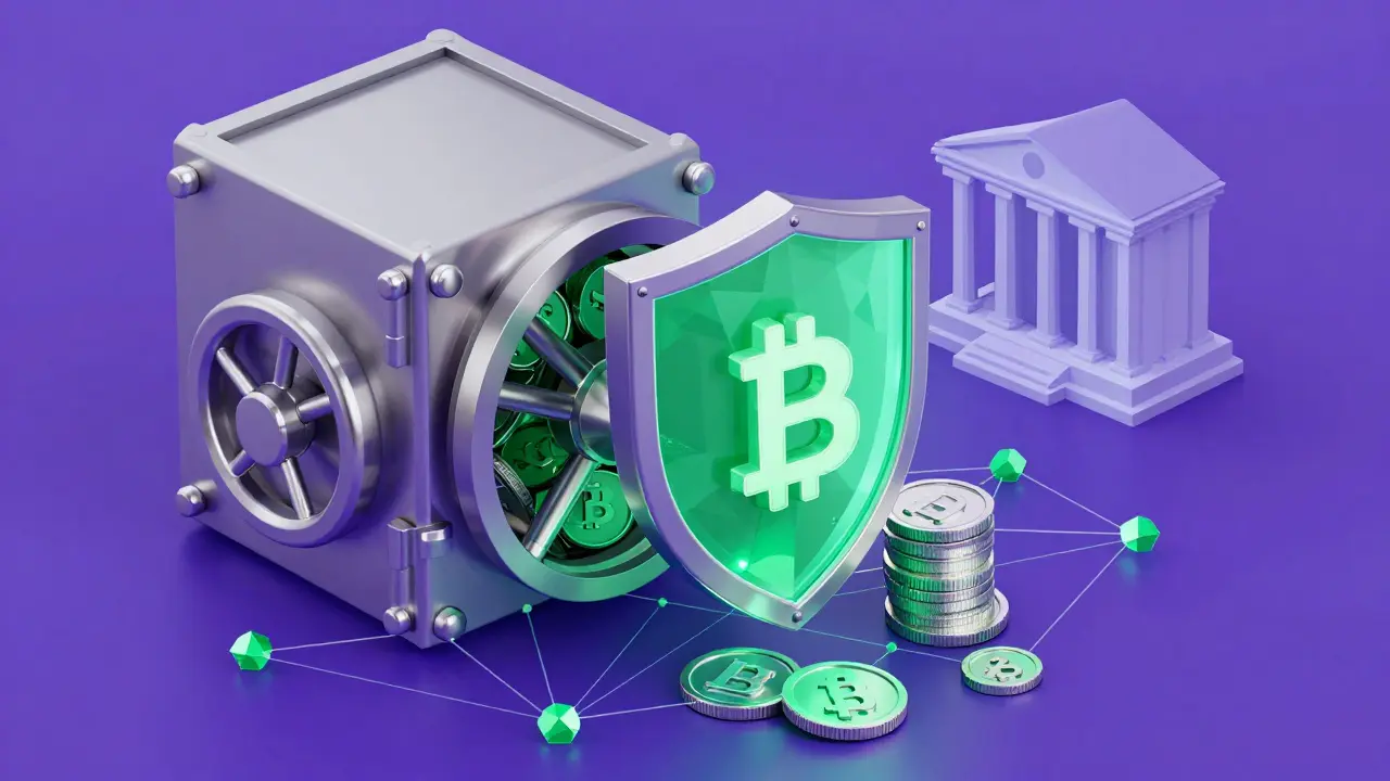 Low poly isometric digital vault and network nodes representing DORA security and AML compliance.