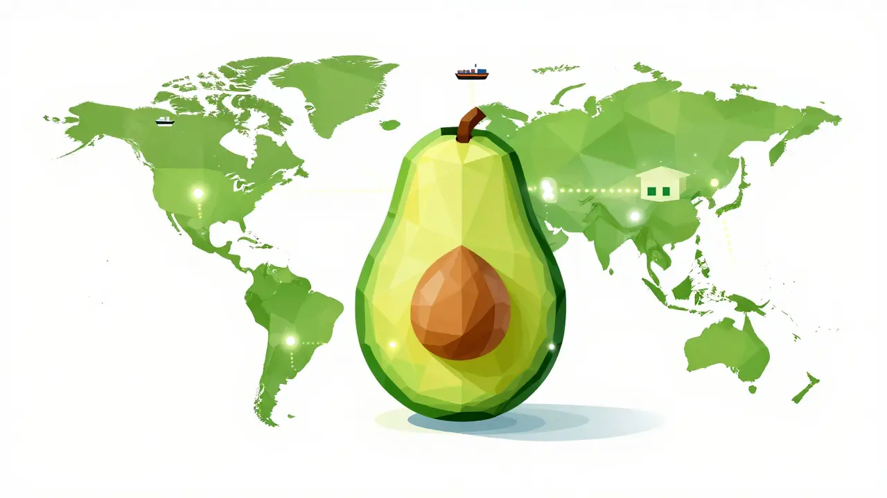 Low poly map showing a global supply chain path for avocados with geometric icons.