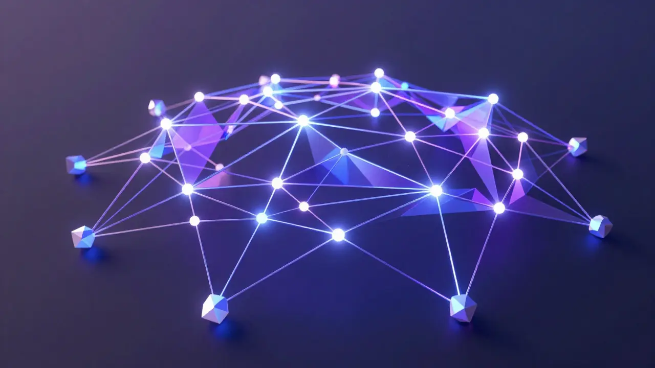 Low poly network of interconnected geometric nodes and glowing edges