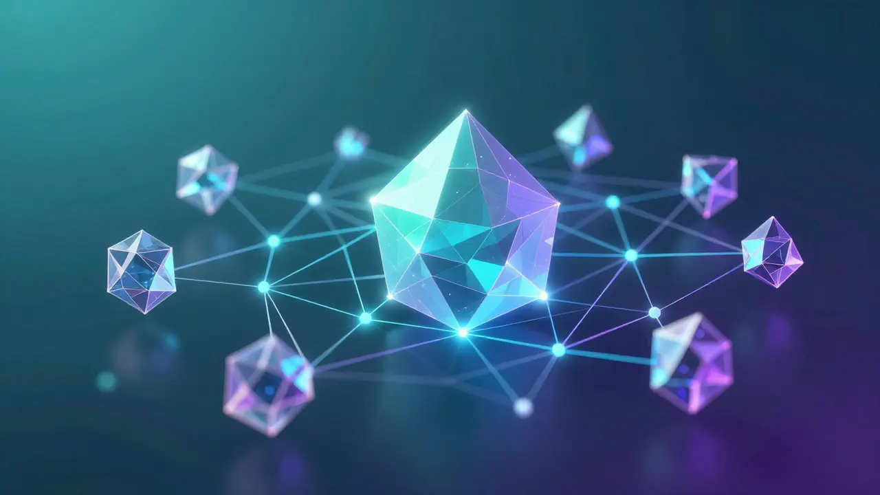 Low poly representation of a blockchain network with interconnected nodes