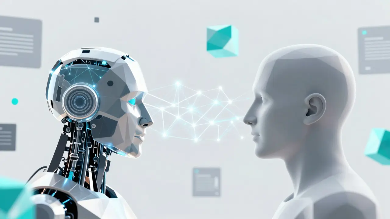 Low poly representation of a human and AI collaborating through digital data streams.