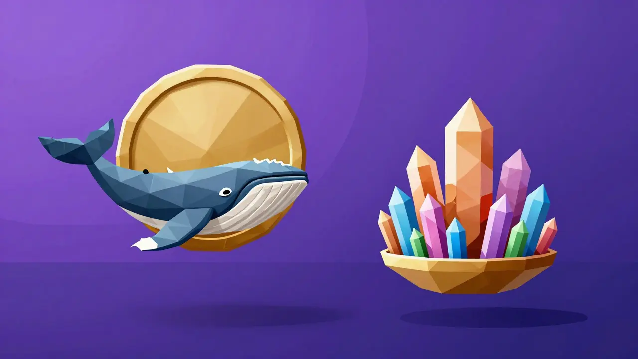 Low poly scale balancing a large gold token against many small colorful crystals.