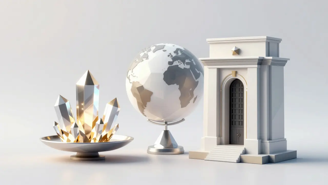 Low poly scale balancing digital data crystals with a globe and financial pillar.