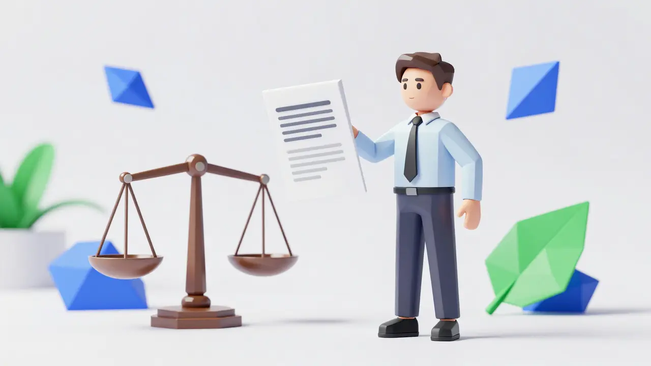 Low poly scene of a compliance officer reviewing a digital whitepaper with financial and green icons.