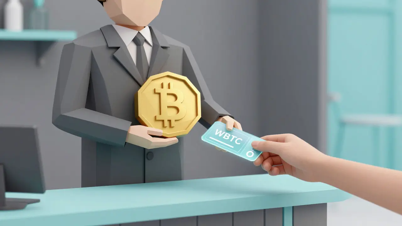 Low poly scene of a futuristic attendant exchanging a gold Bitcoin for a glowing WBTC token.