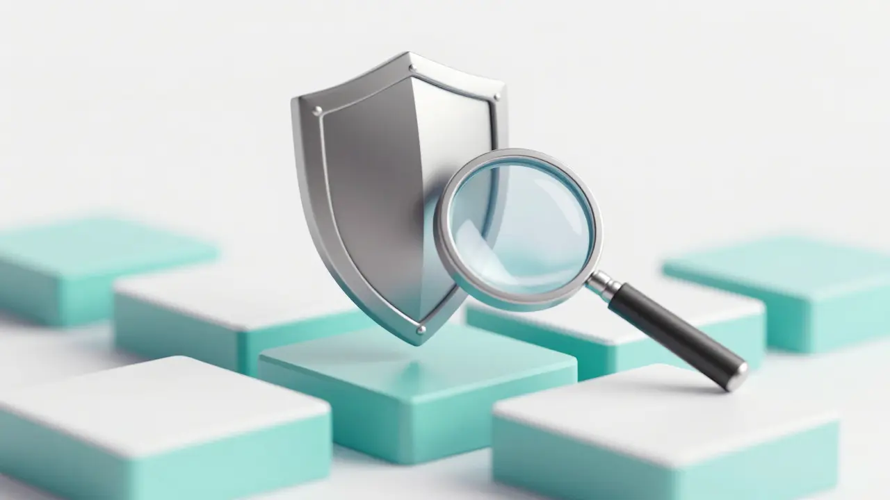 Low poly shield and magnifying glass symbolizing security auditing and transparency