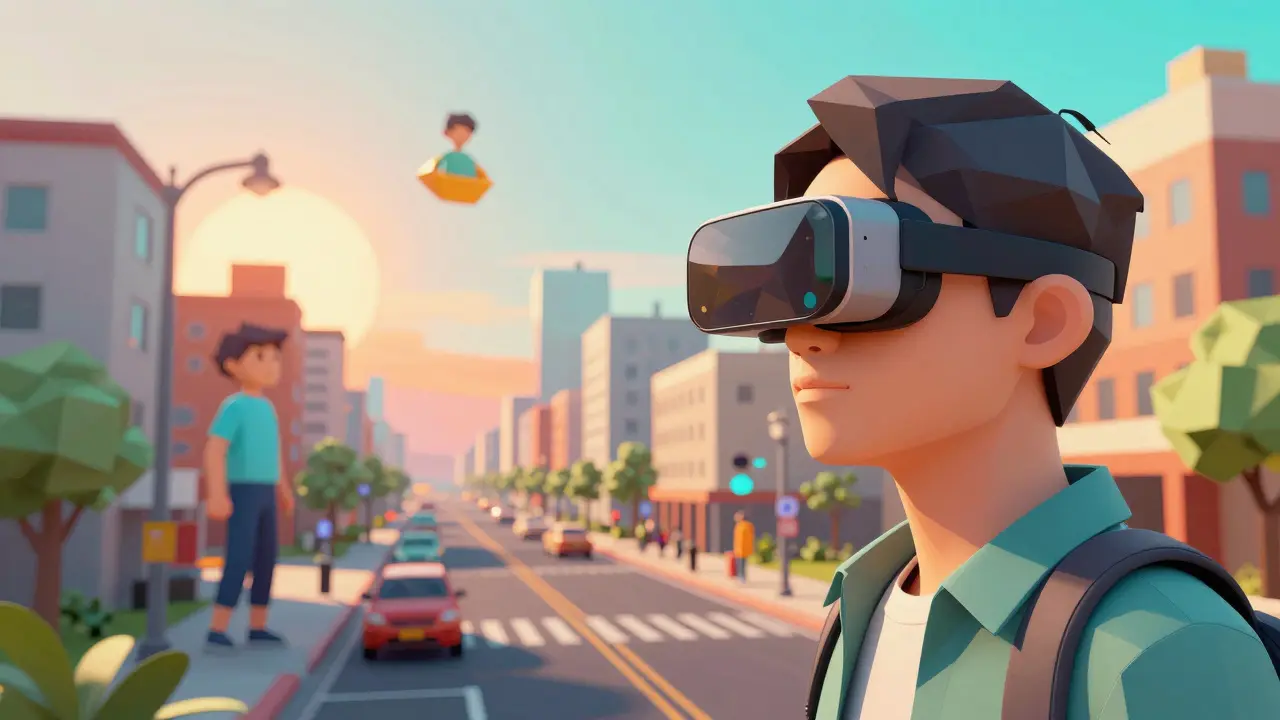 Low poly view of a city street through AR glasses showing a digital world