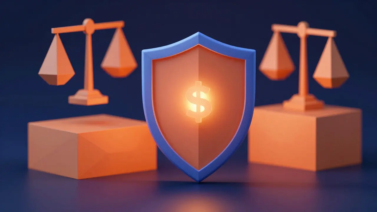 Polygon shield protecting digital asset core with warning symbols.