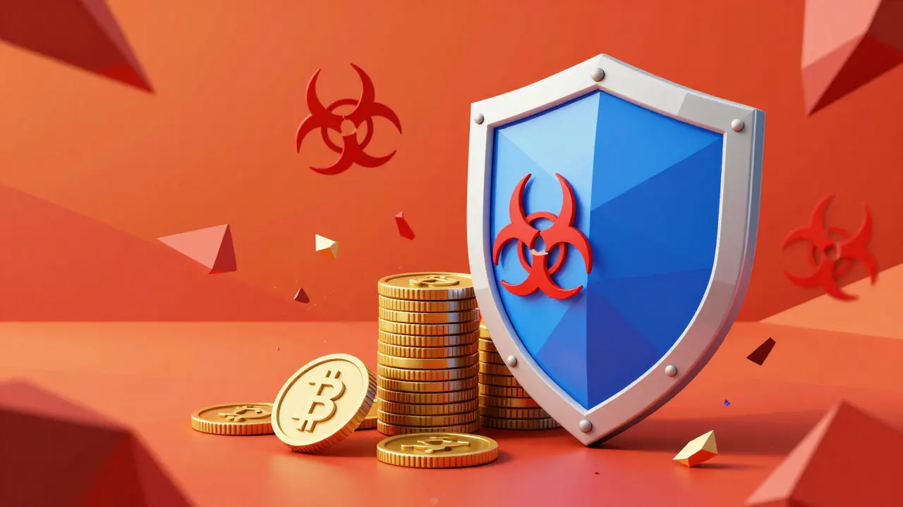 A geometric shield protecting digital assets from falling red hazard symbols in a low poly style.