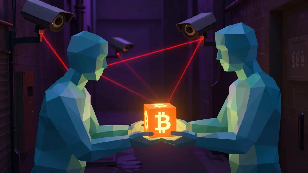 Abstract low poly figures trading crypto in shadows under surveillance eyes.