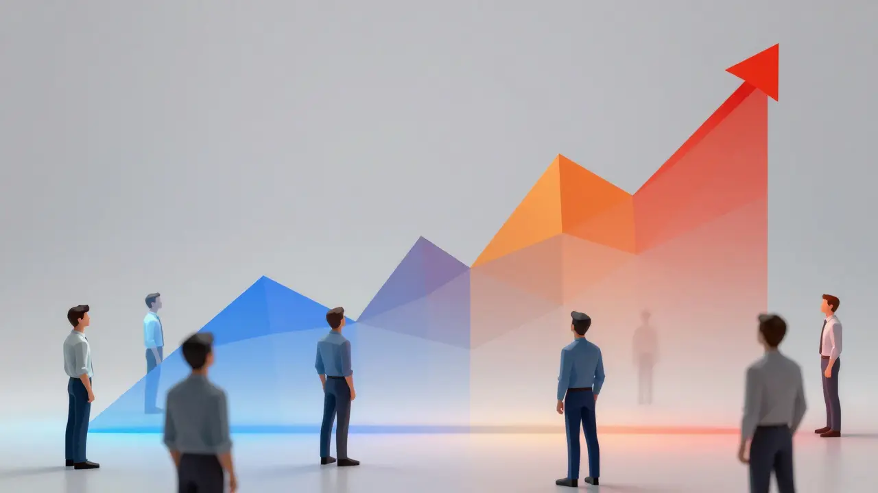 Abstract low poly graph showing rising crypto market cycles and investors