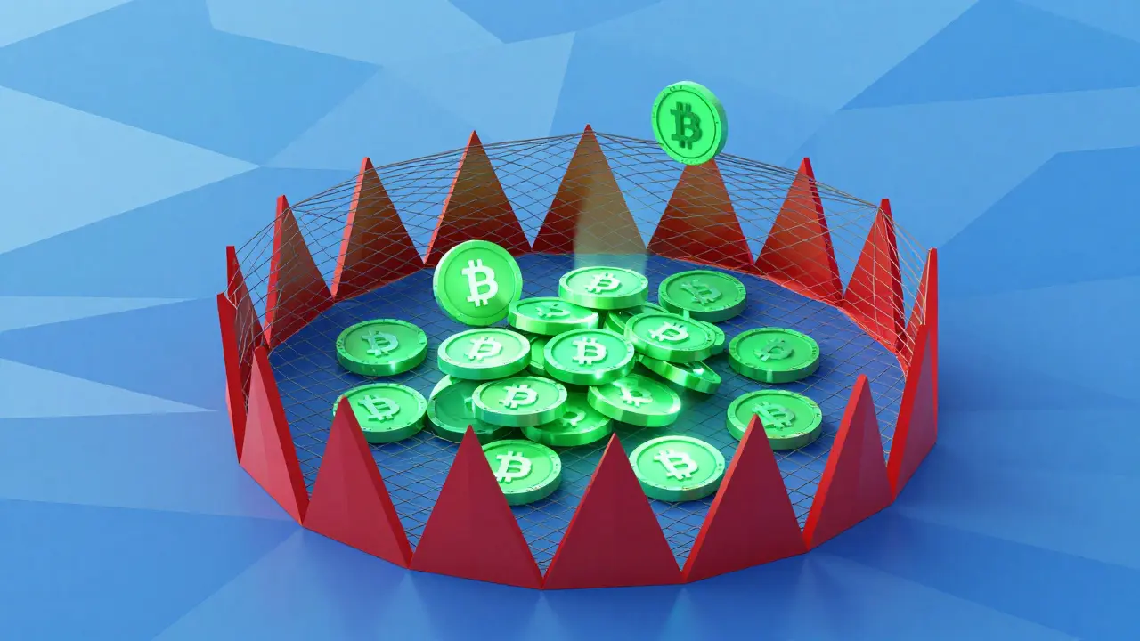 Abstract low poly image of a trap snapping shut on crypto tokens, illustrating blocked withdrawals.
