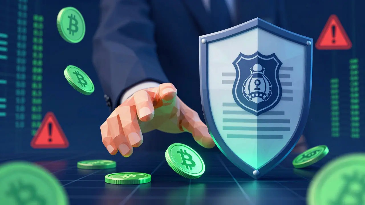 Low poly abstract image of a hand reaching for crypto coins blocked by legal barriers.