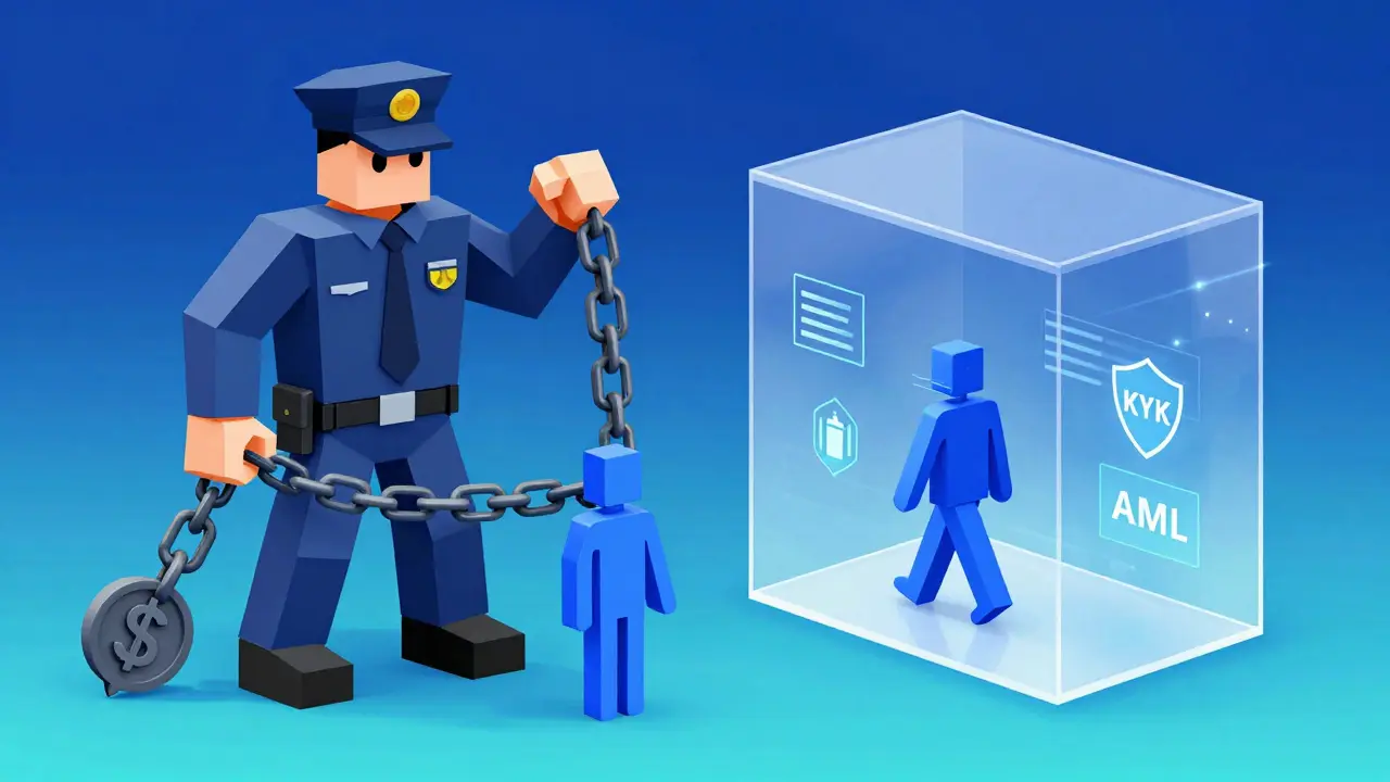Low poly art contrasting jail chains in banned nations with regulated exchanges