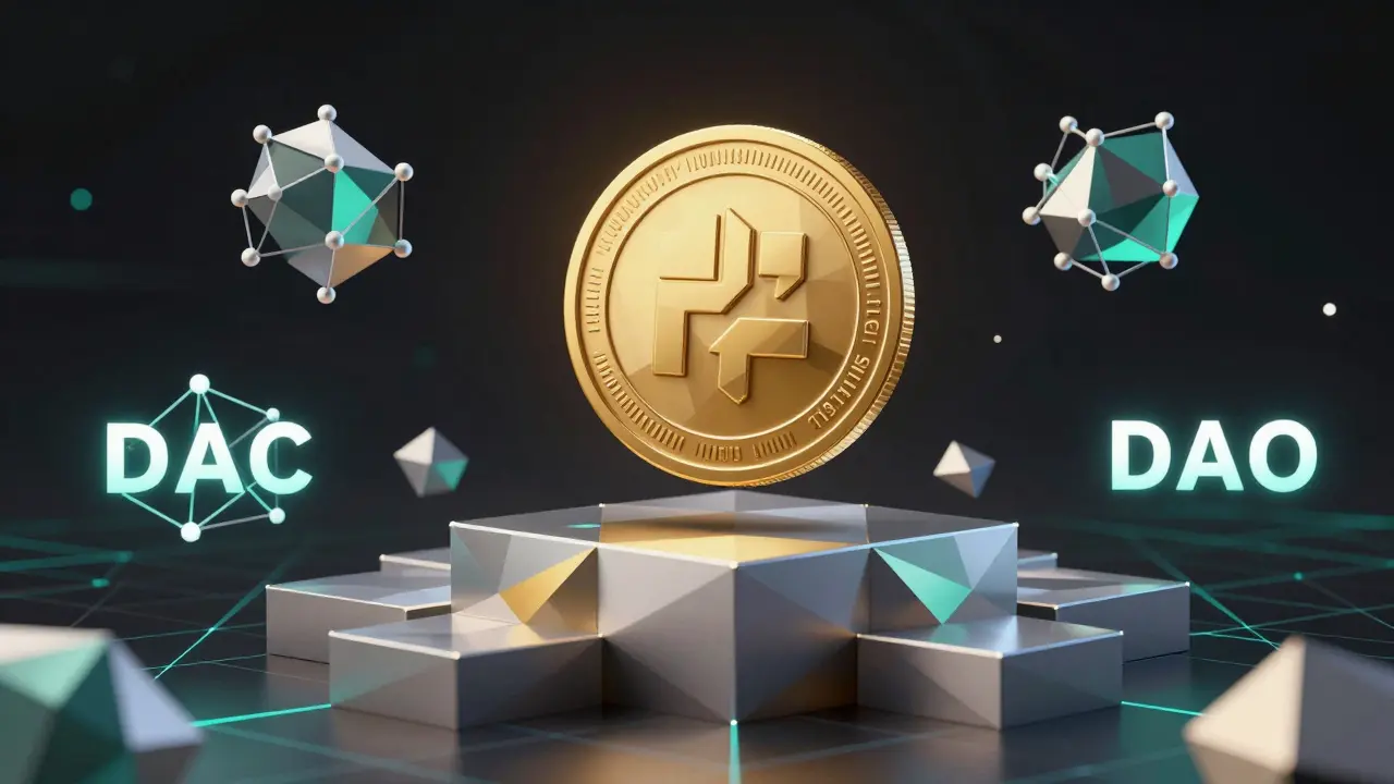 Low poly art of a golden METIS token surrounded by geometric staking and governance structures