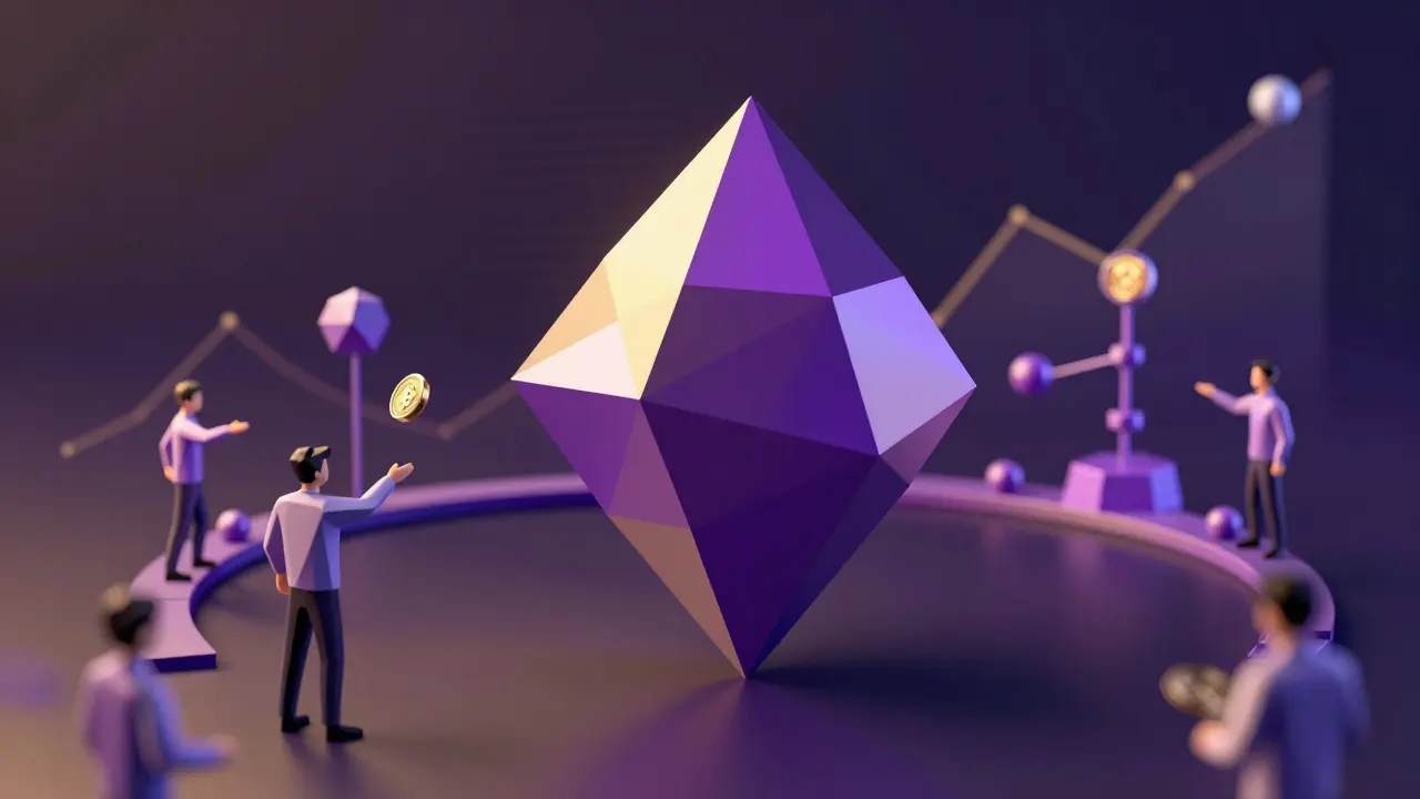 Low poly BEPRO token surrounded by developers and bounty icons