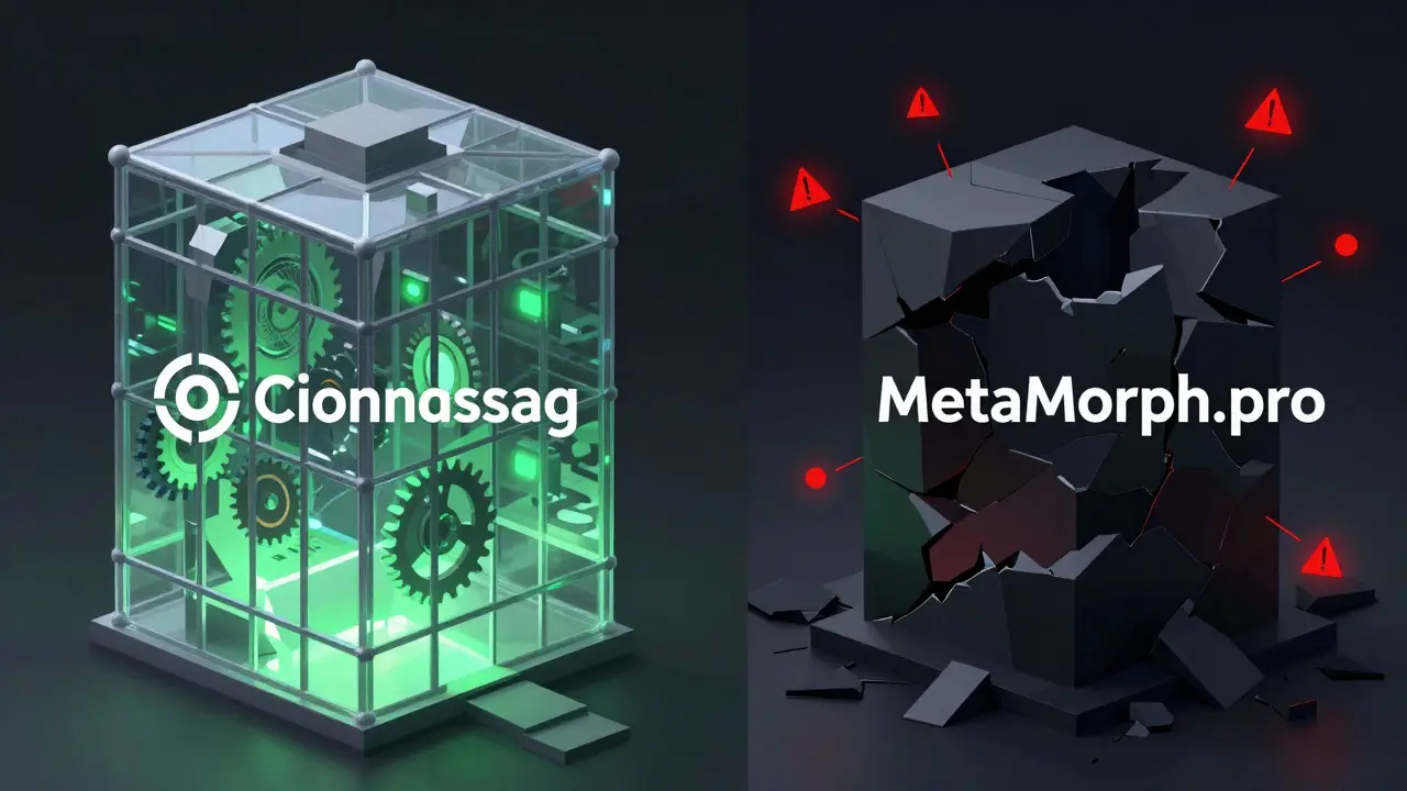 Low poly contrast between a transparent, secure building and a crumbling, opaque structure symbolizing risk.