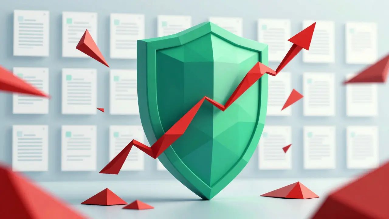 Low-poly digital shield blocking red fraud attempts from data records