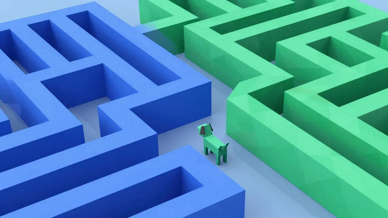 Low poly dog choosing between two diverging blockchain paths