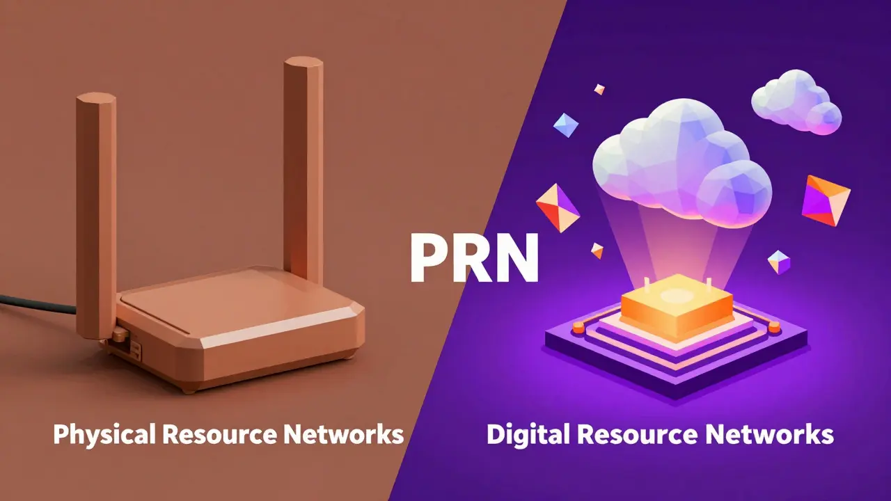 Low poly graphic comparing physical hardware nodes vs digital compute power.