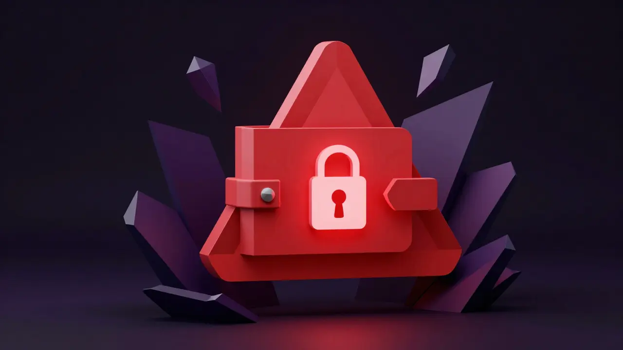 Low poly graphic of a crypto wallet with red warning signs for security risks