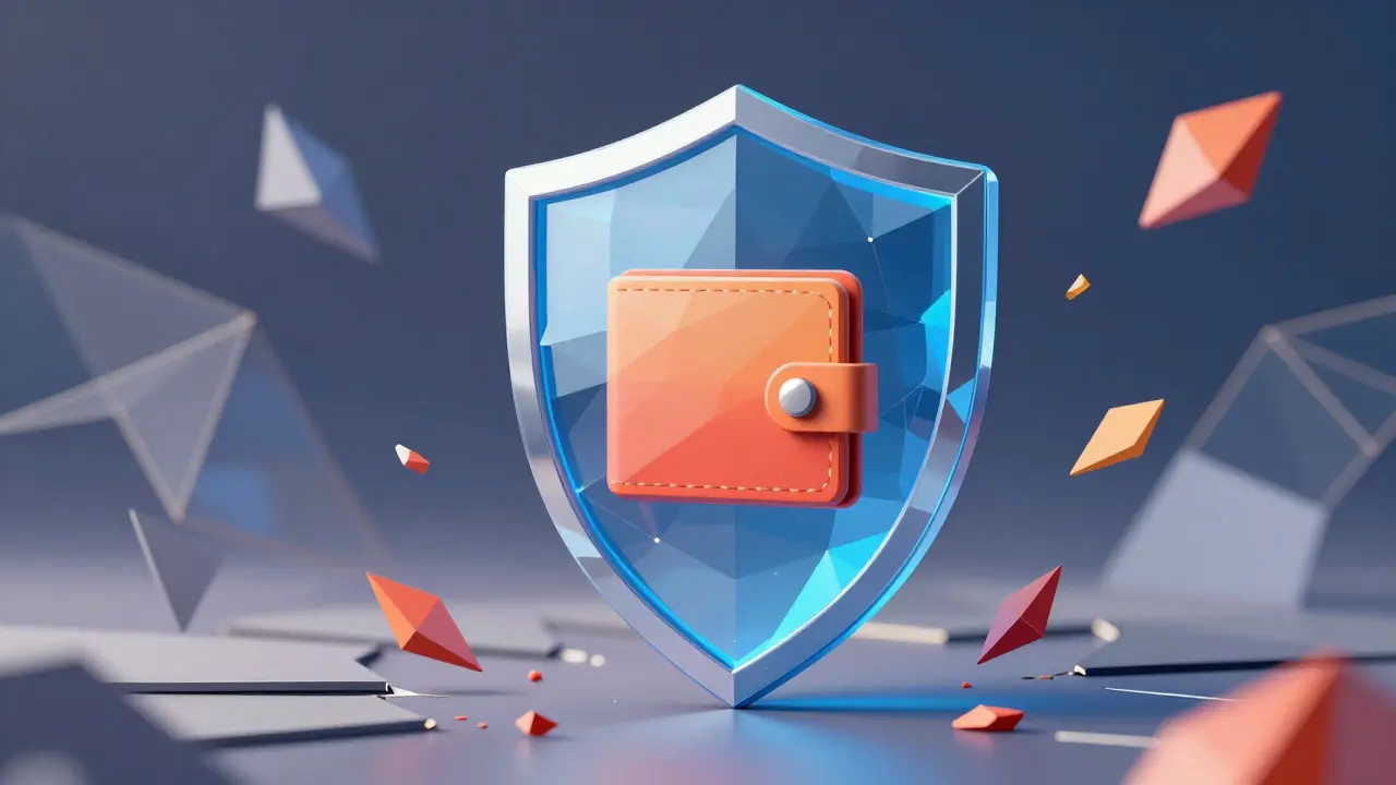 Low poly graphic of a digital shield protecting a crypto wallet from red scam threats
