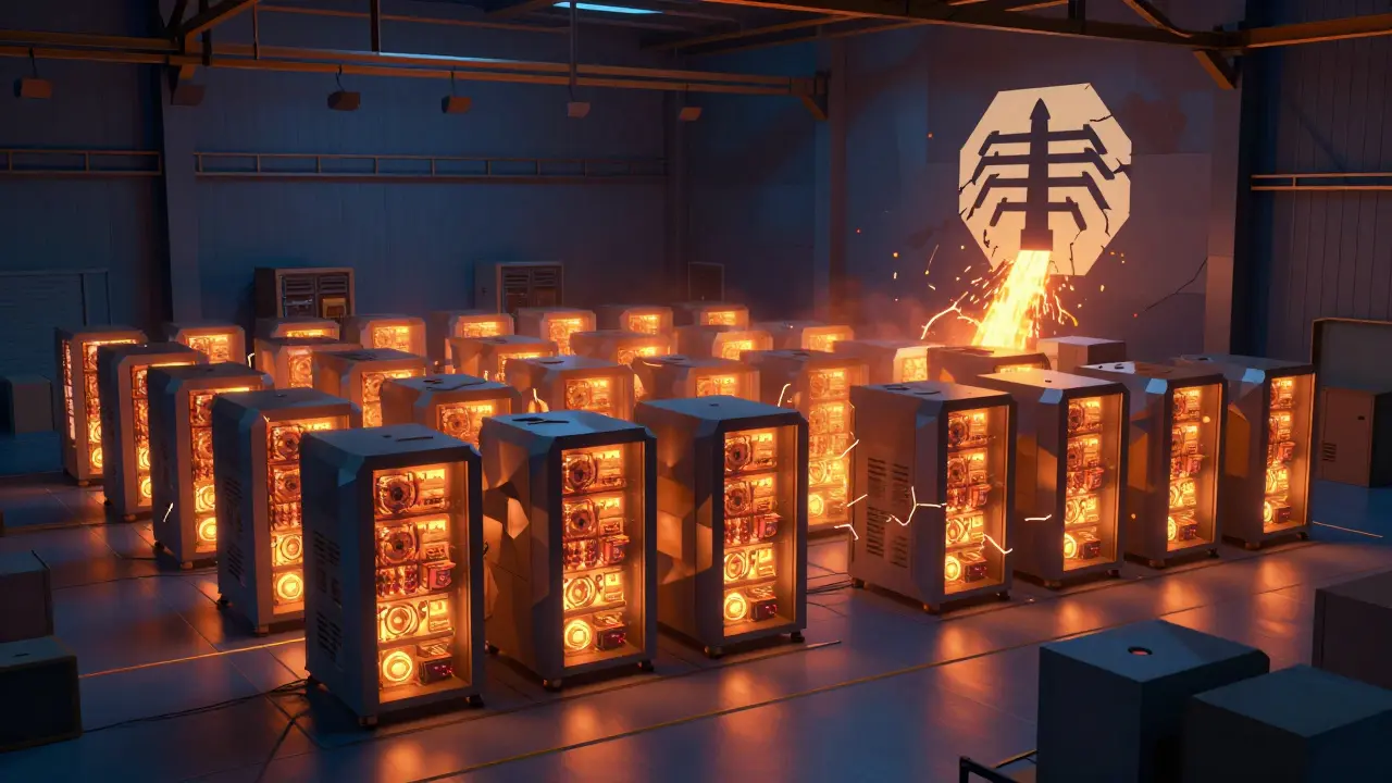 Low poly illegal crypto mining farm draining power grid in warehouse