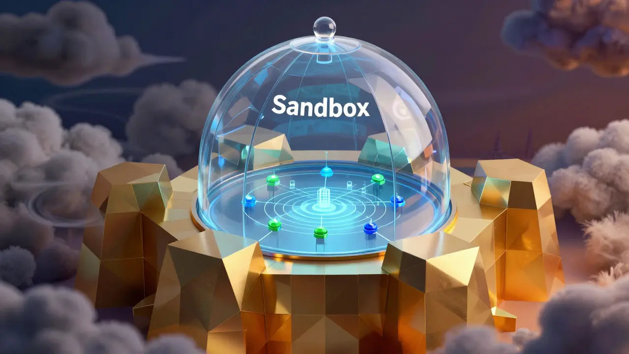 Low poly illustration of a bank fortress with a safe sandbox for fintech testing inside.