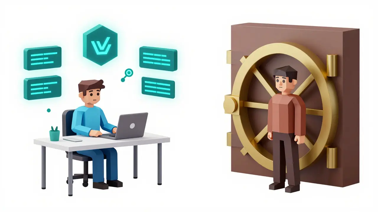 Low poly illustration of a developer vs a cautious investor split scene.