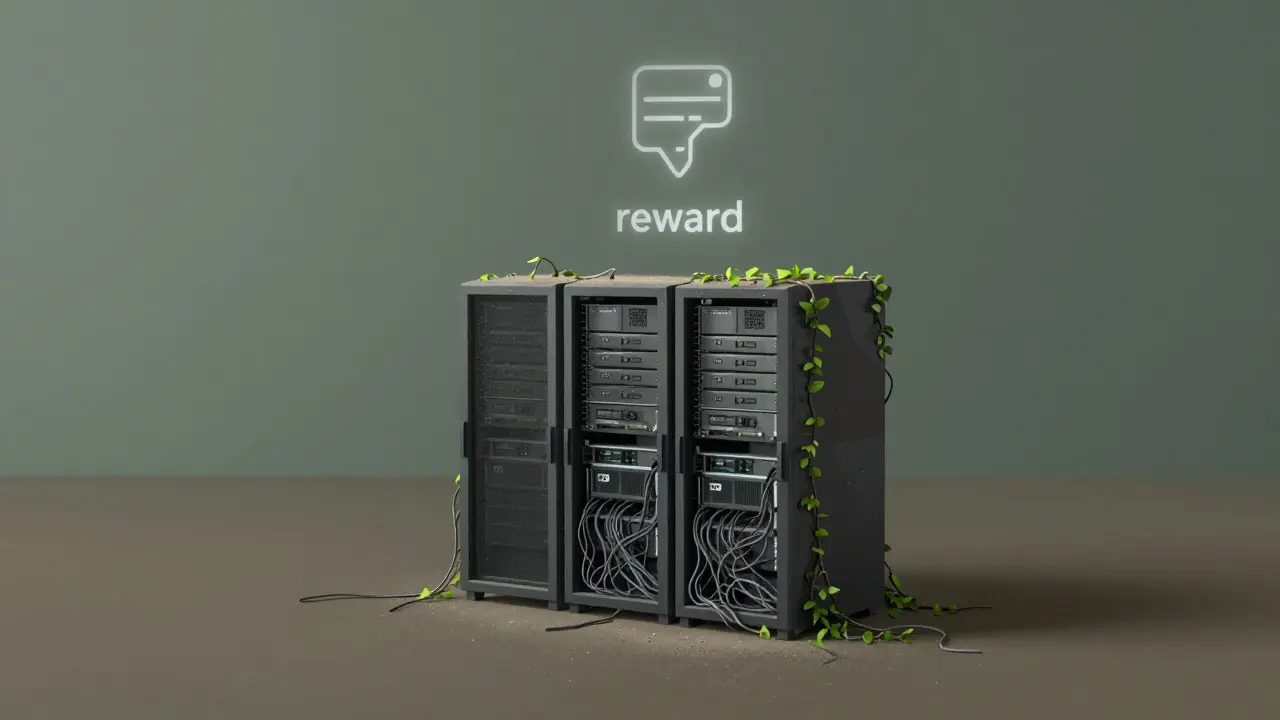Low poly illustration of dormant server hardware covered in digital vines, indicating abandonment.