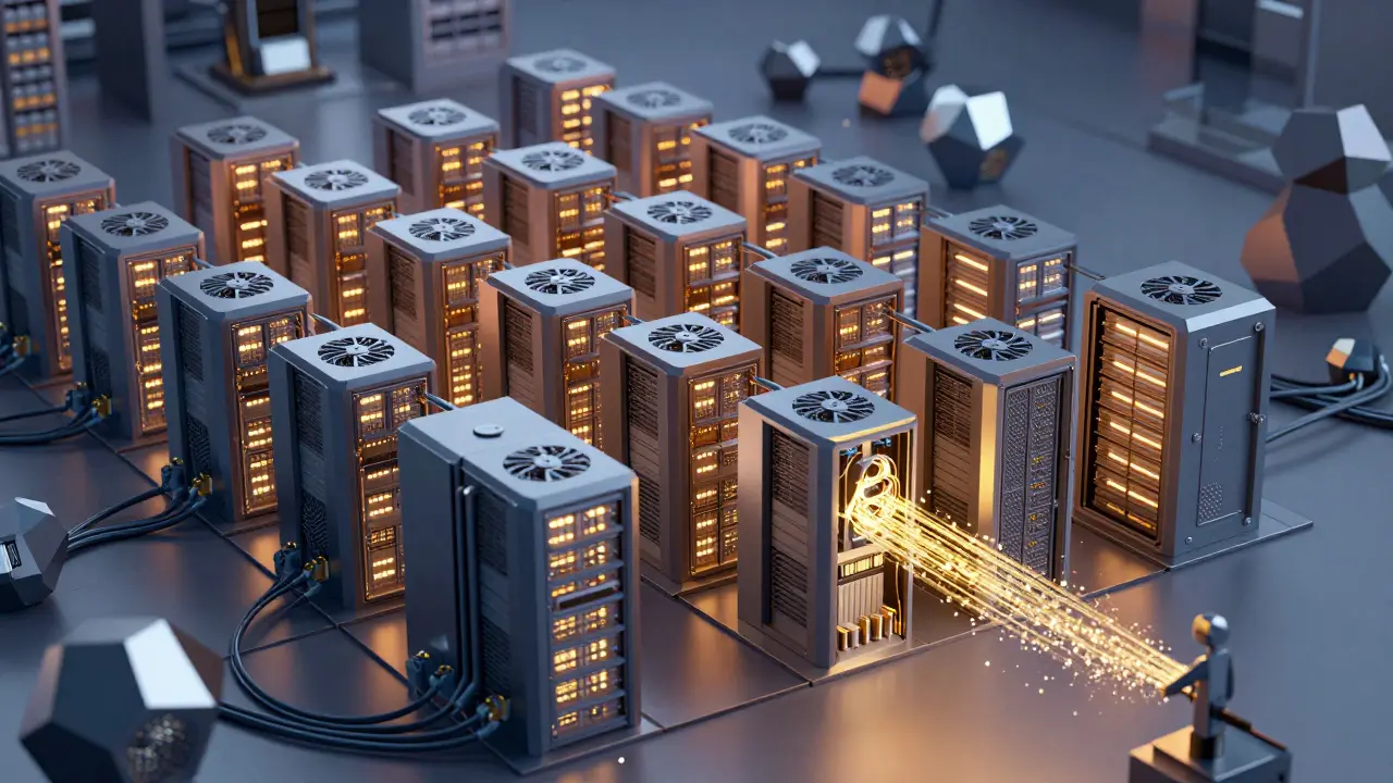 Low poly illustration of futuristic server racks and Bitcoin mining hardware