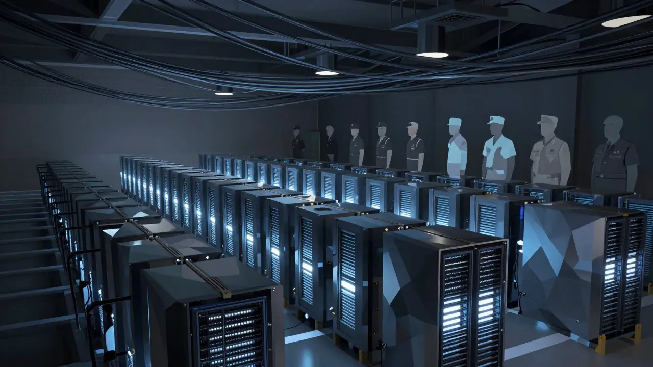 Low poly illustration of state-controlled industrial crypto mining farm