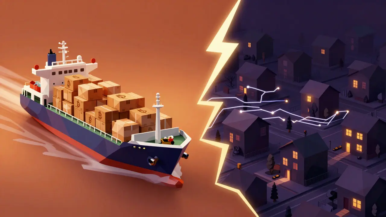 Low poly image contrasting crypto trade gains with power outages