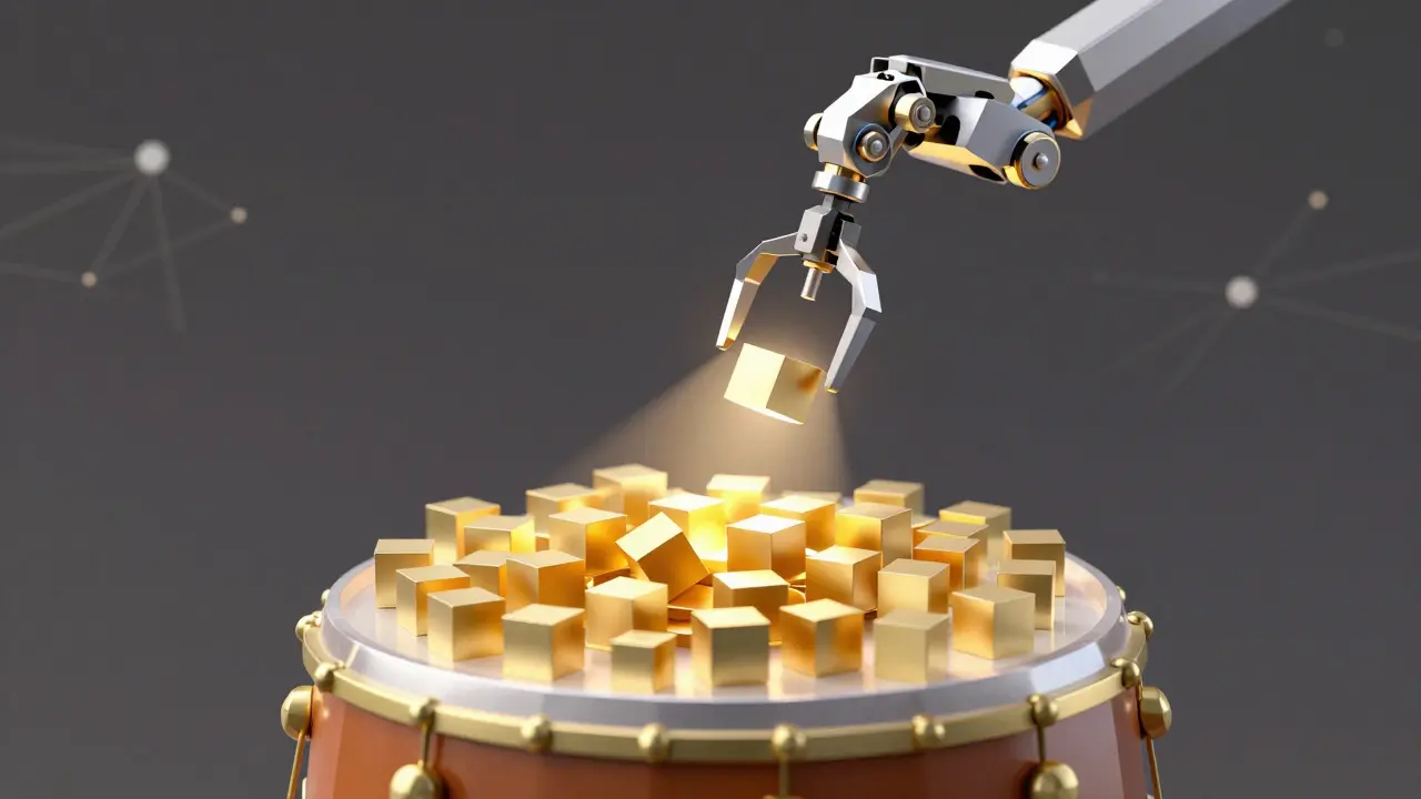 Low poly lottery drum selecting a single winner from many participants