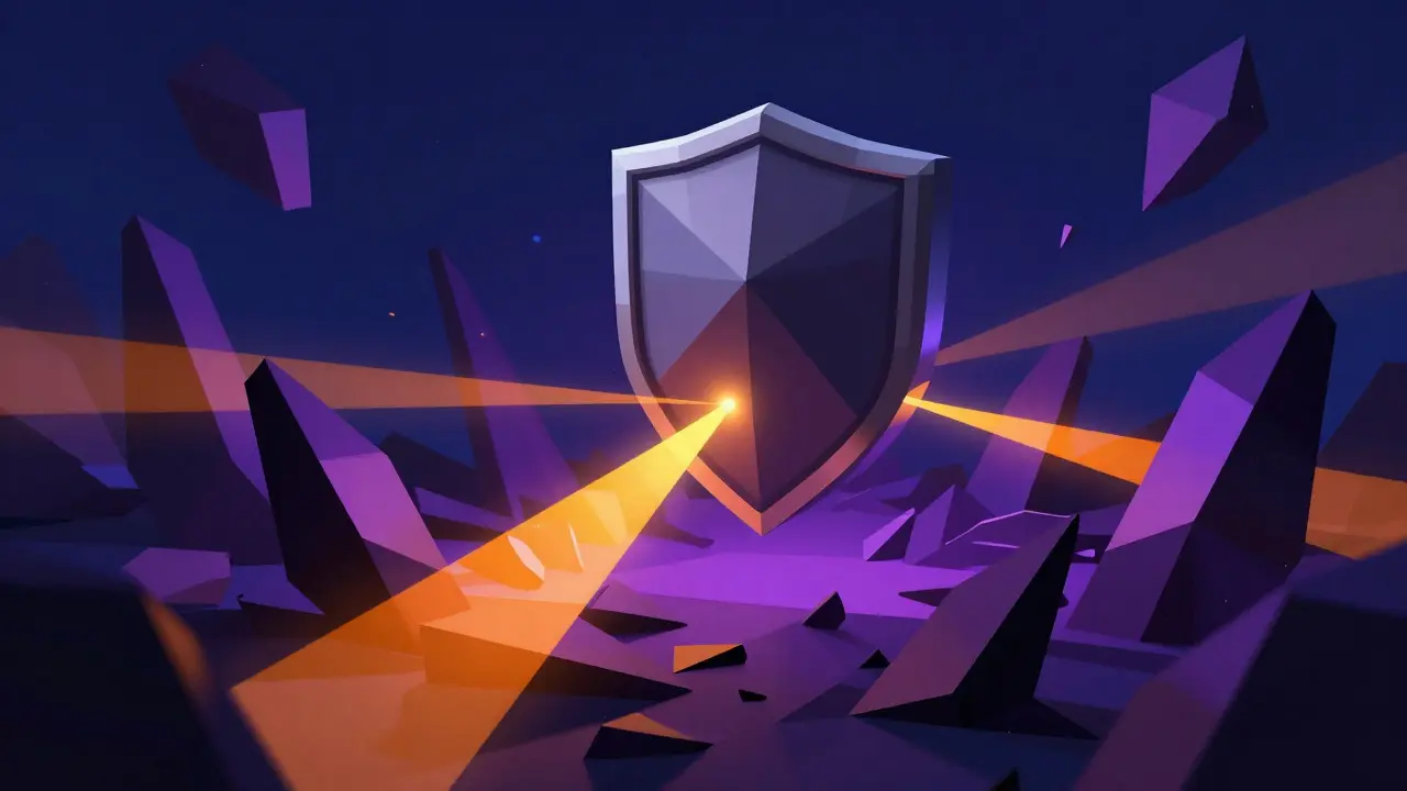 Low poly security shield detecting blockchain threats