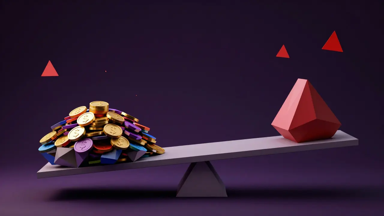 Low poly seesaw with coins illustrating crypto market volatility