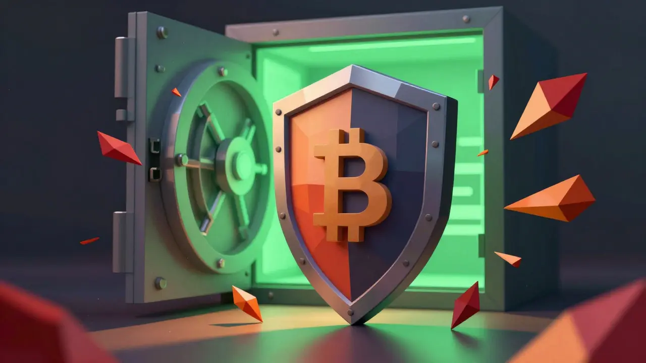 Low poly shield blocking red threat shards near a secure crypto vault