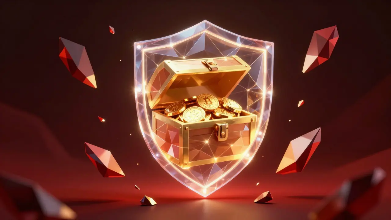 Low poly shield protecting golden tokens from red threat shards