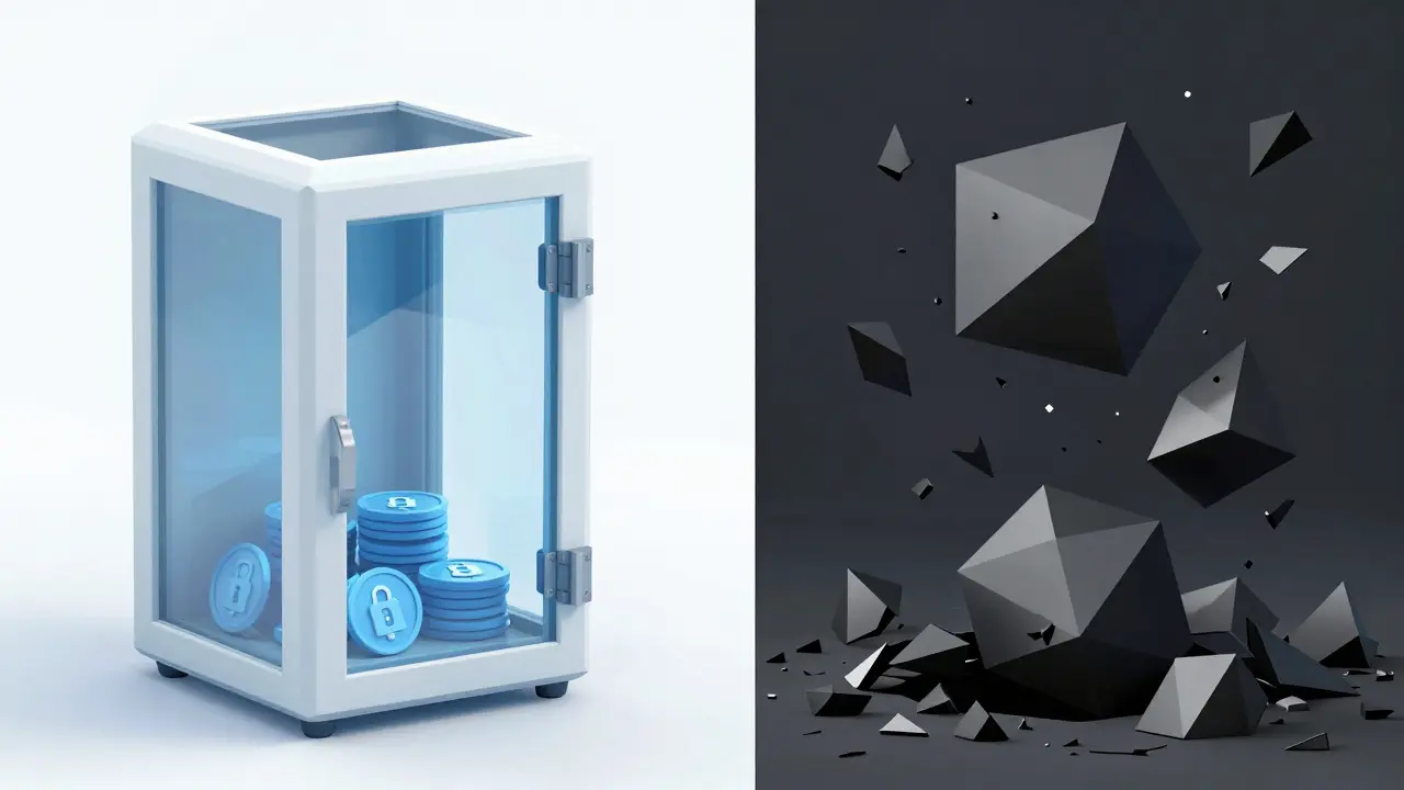 Low poly split scene comparing secure vault to crumbling scam platform